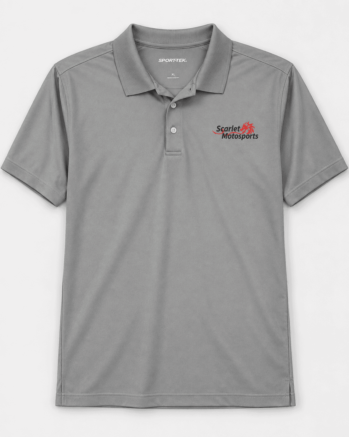 Custom gray Scarlet Motorsports performance polo featuring a red-and-black dragon logo on the chest and personalized COX 454 lettering on the back