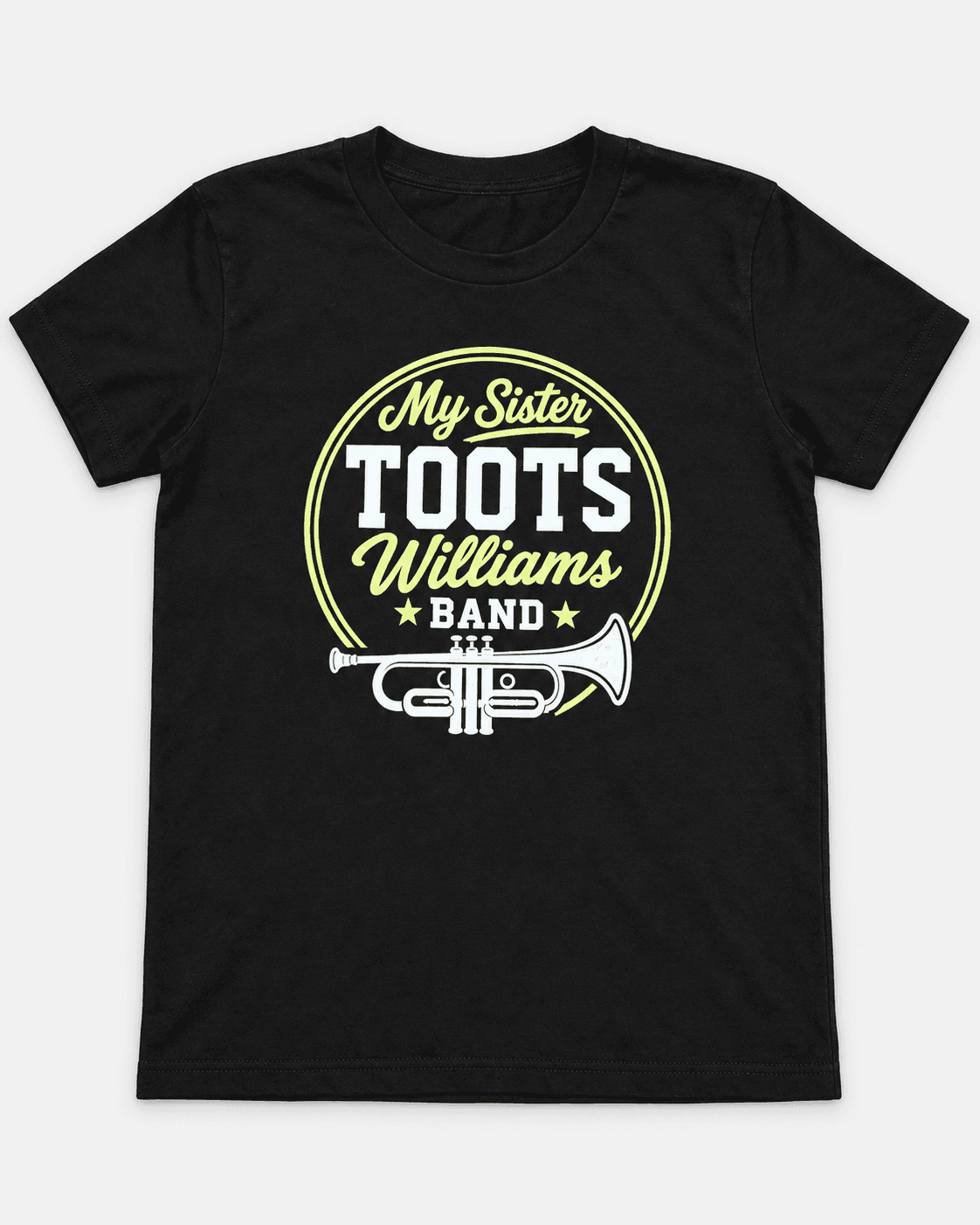 Custom black Williams Band T-shirt featuring "My Sister Toots," bold varsity lettering, and a trumpet design in lime and white