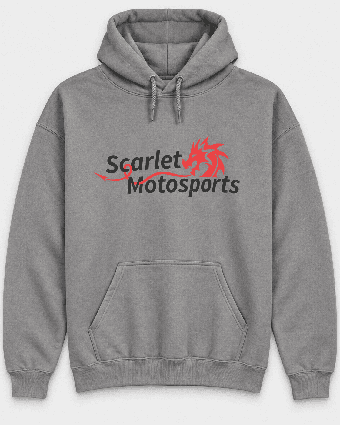 Custom gray Scarlet Motorsports hoodie featuring a red-and-black dragon logo on the chest and personalized COX 454 lettering on the back