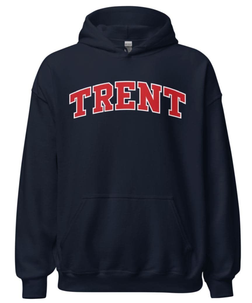 Navy Trent hoodie with arched TRENT lettering in red
