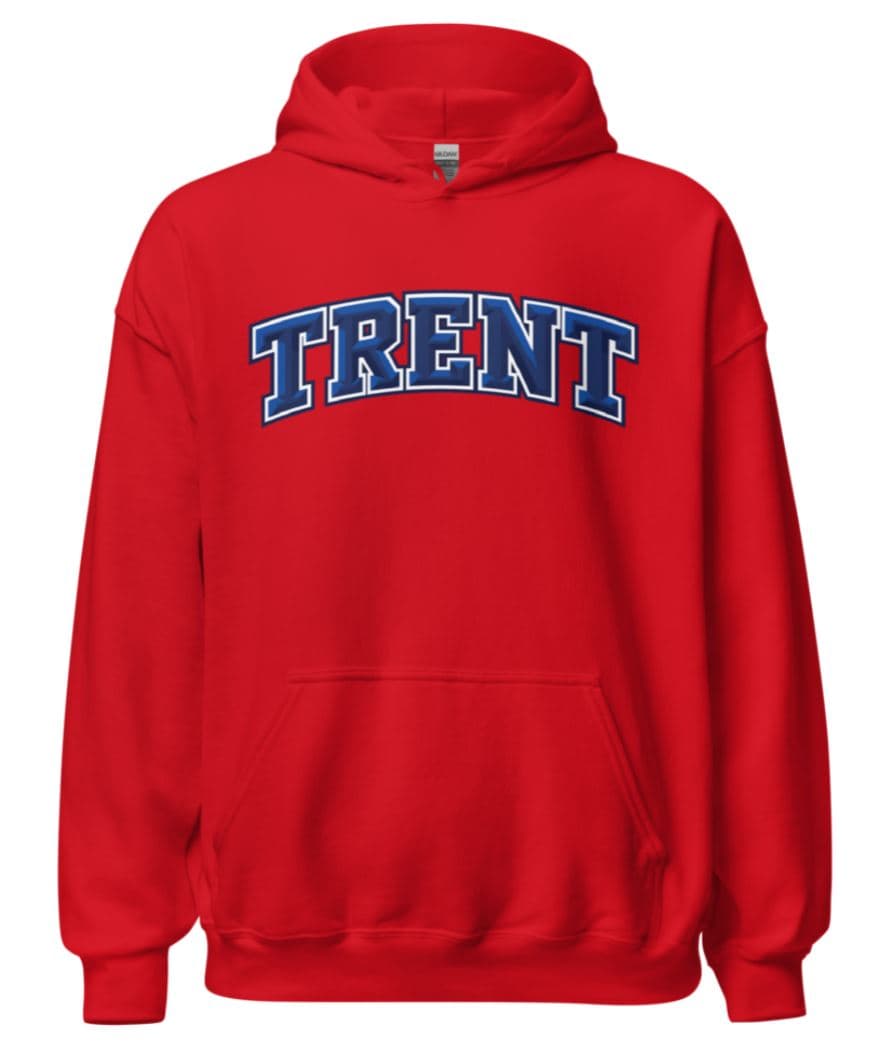 Red Trent hoodie with arched TRENT lettering in blue