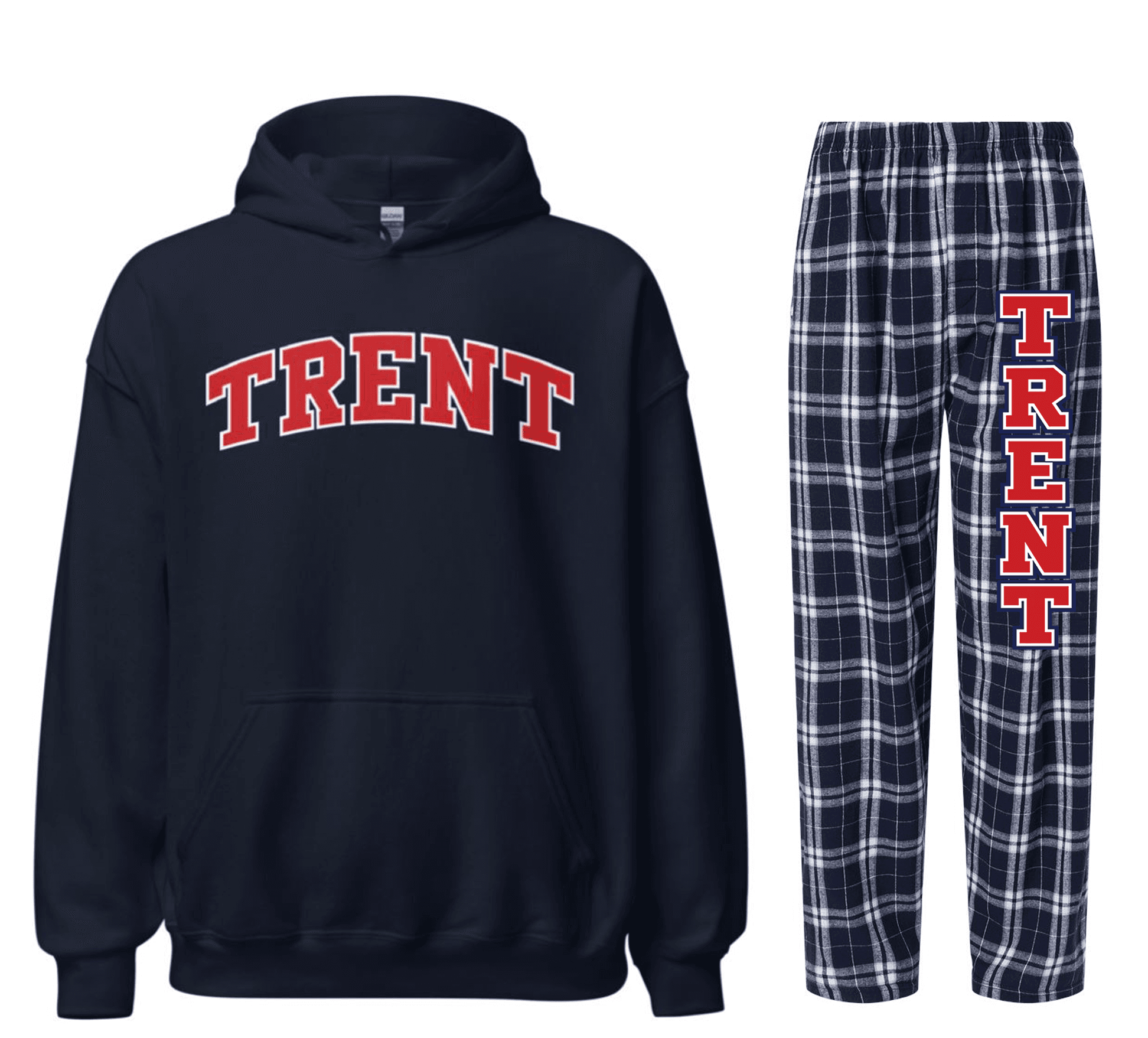 Navy Trent hoodie paired with matching navy and white plaid flannel pajama pants