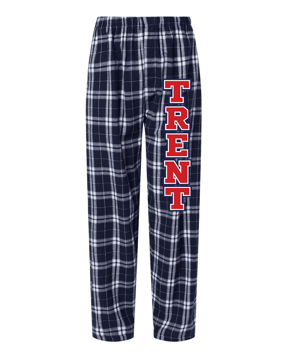 Navy and white plaid flannel pajama pants with vertical TRENT lettering down the leg