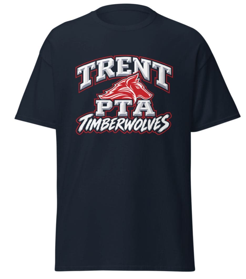 Navy Trent PTA Timberwolves t-shirt with red wolf mascot logo